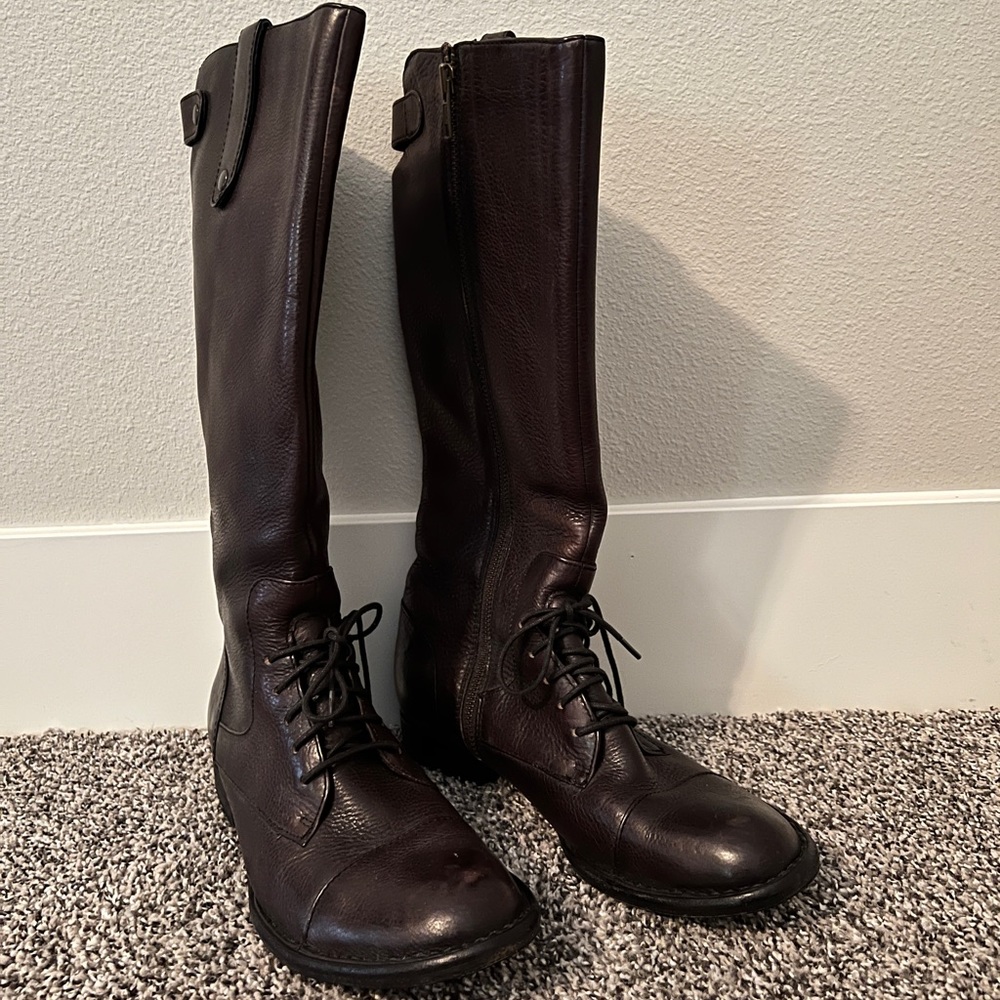 BORN CROWN Brown Lace Front Leather Tall Riding Boots